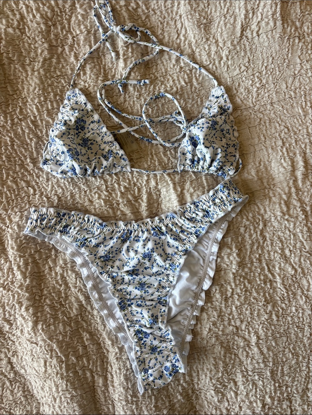 Motel Rocks White & Blue Floral Ruffle Triangle Bikini Set